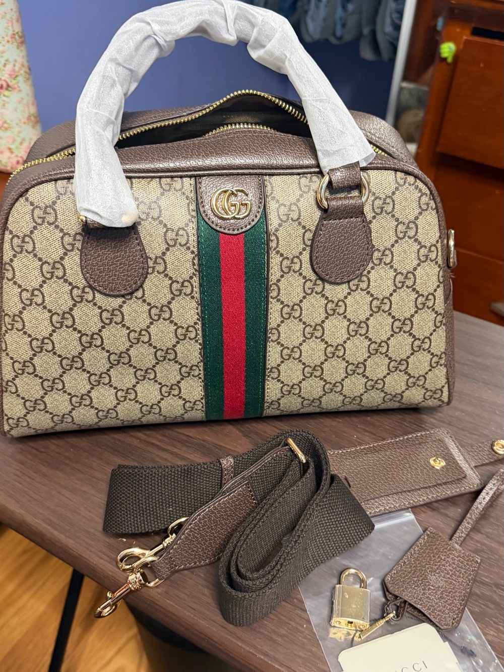 Fashion bag. 1:1 Gucci Brown GG Supreme Canvas Web Stripe Satchel. - Picture 11 of 15